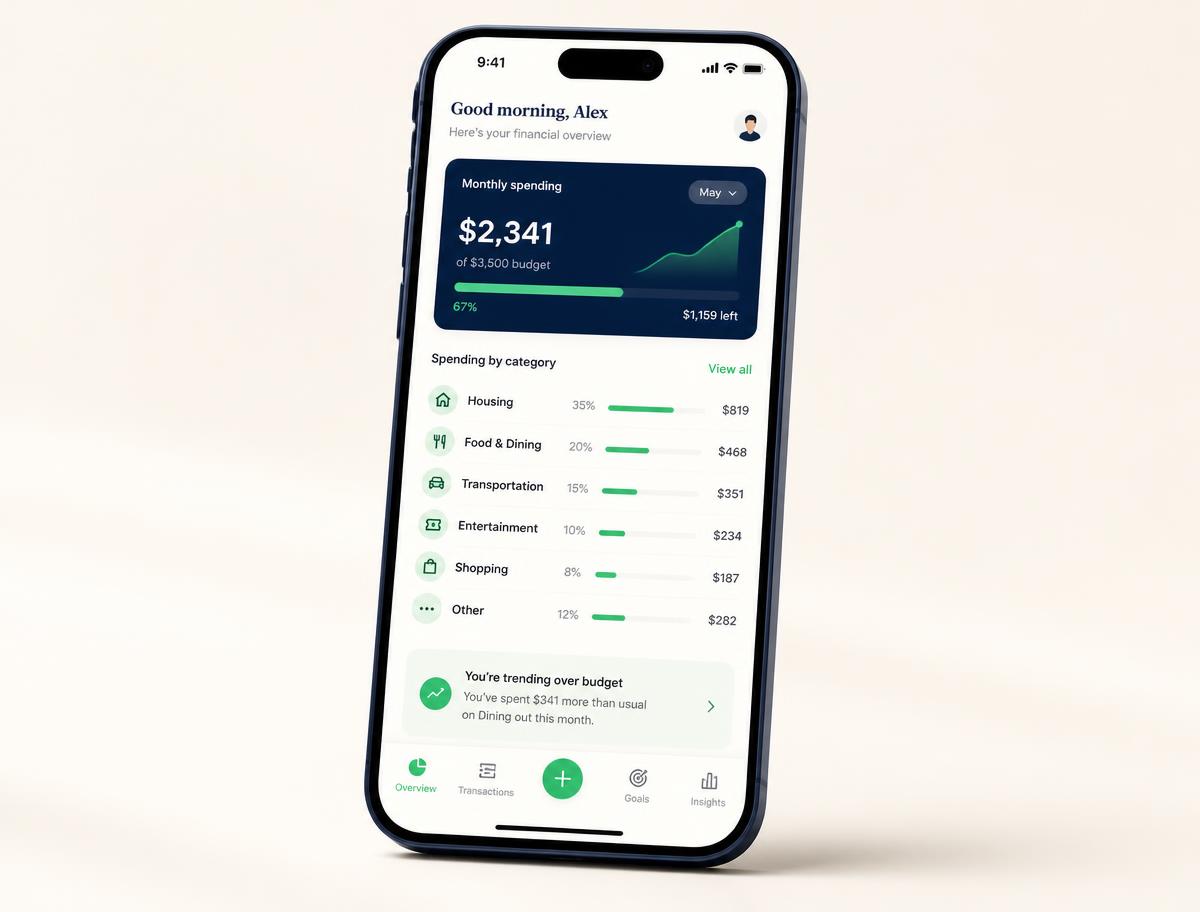 Rachel Budget Assistant app dashboard on a phone