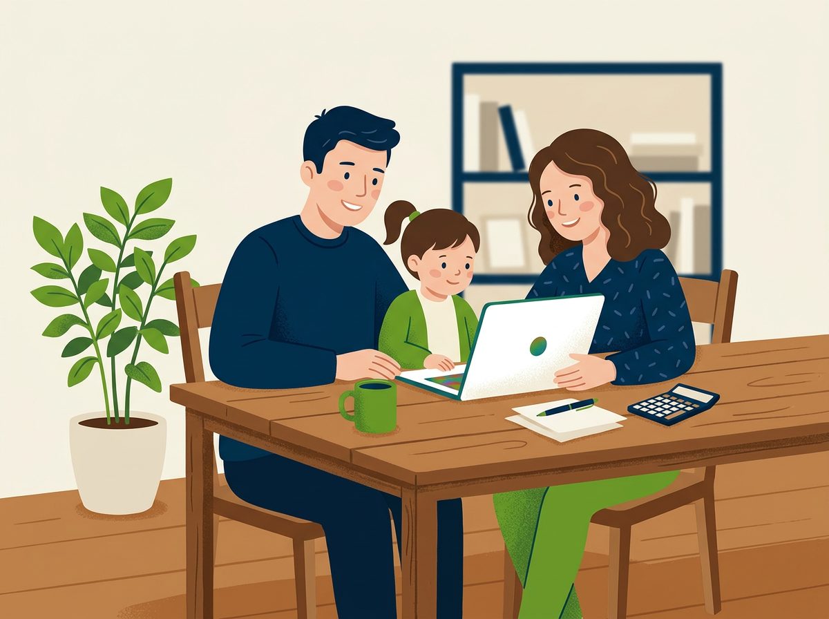 A family reviewing taxes together at a laptop