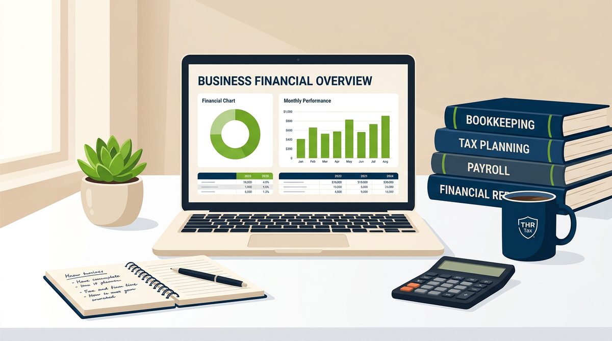 Small business financial overview on a laptop with bookkeeping and tax planning references