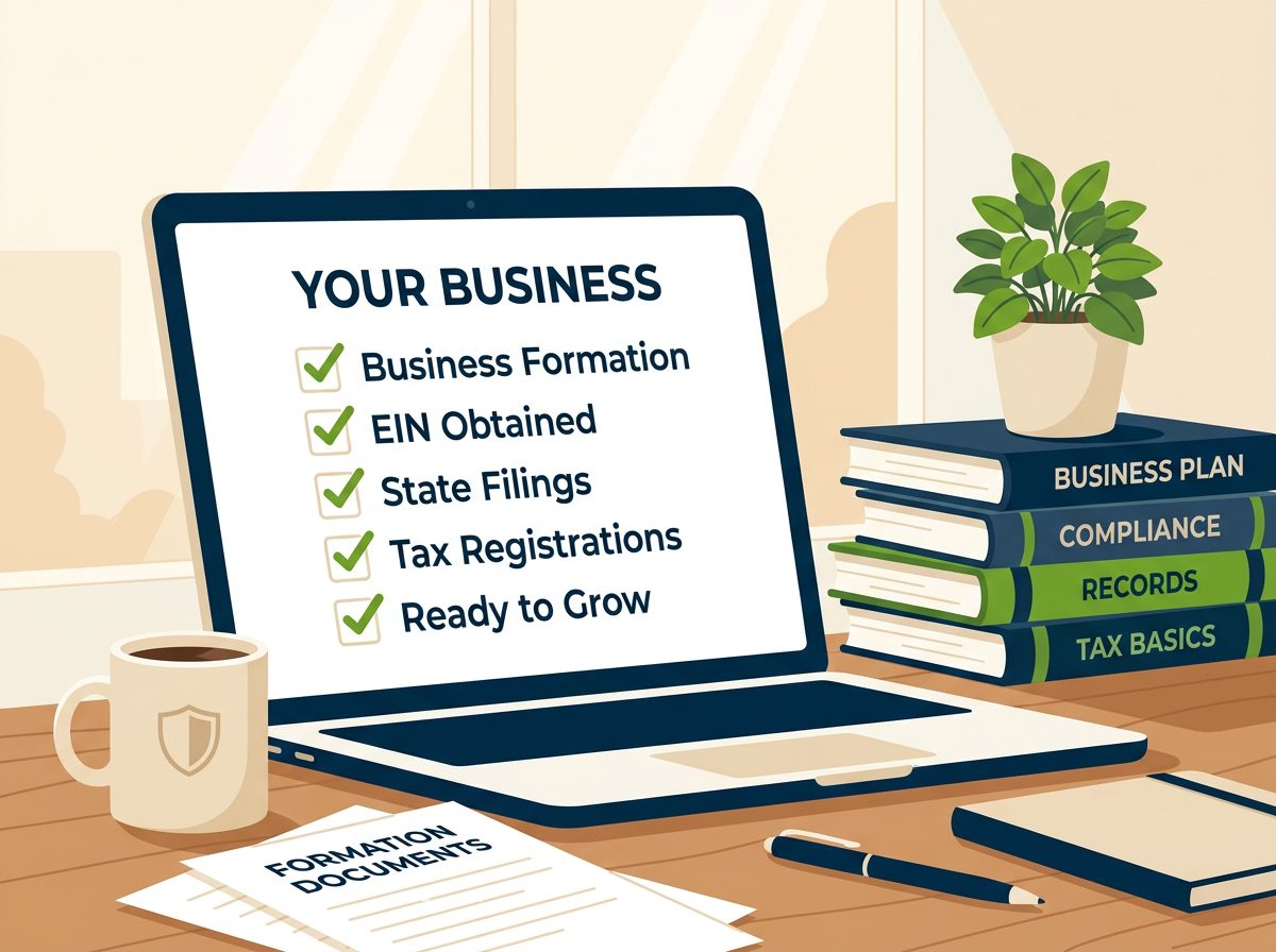 Your Business startup checklist on a laptop with formation documents and reference books